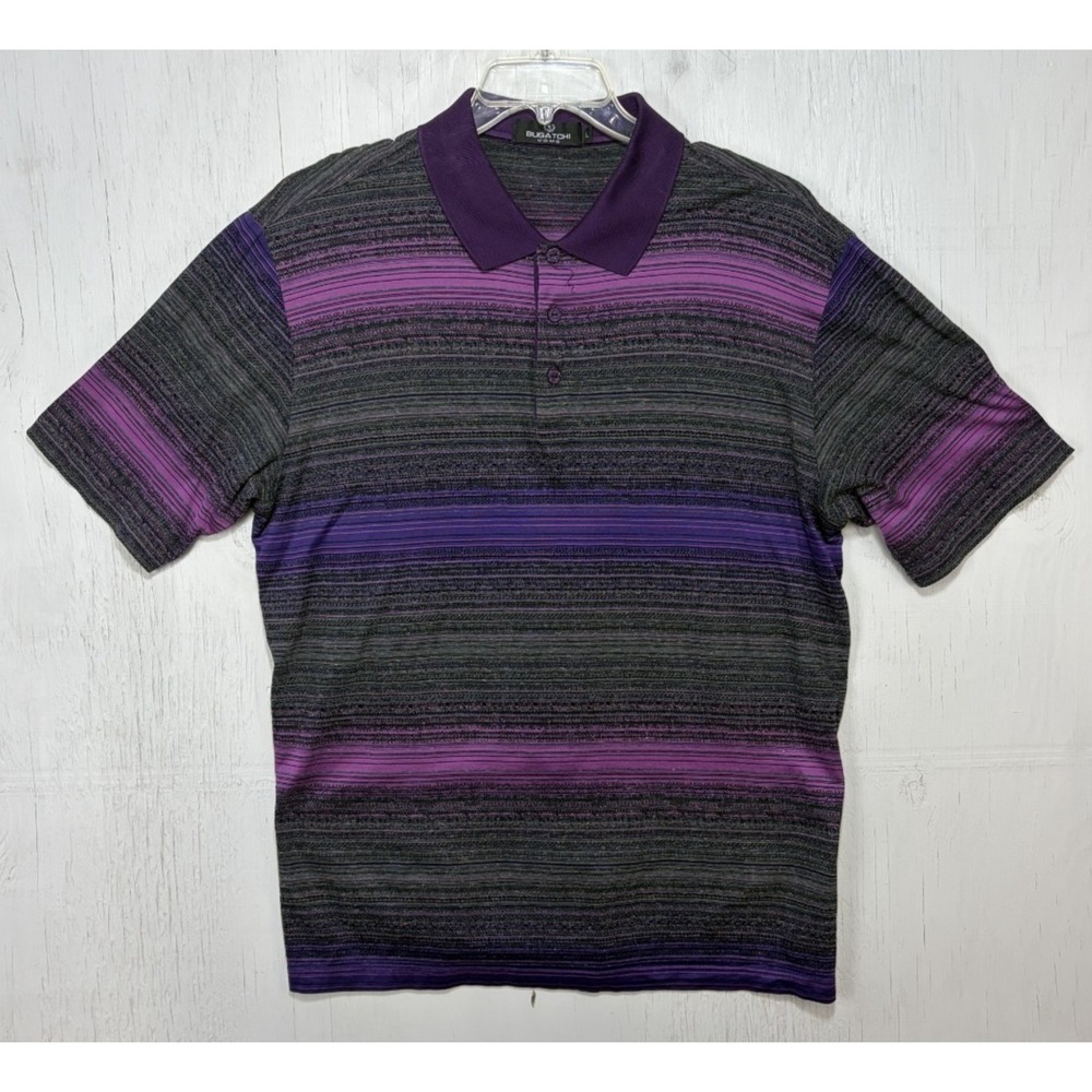 Mens Bugatchi Uomo Polo Shirt Size L Short Sleeve Black Purple Mercerized Cotton
